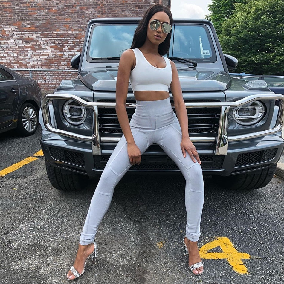 Ootdgirl  Reflective Pants Set White Crop Top And Grey High Waisted Stripes Embroidered Leggings Gym Outfit 2 Piece Set