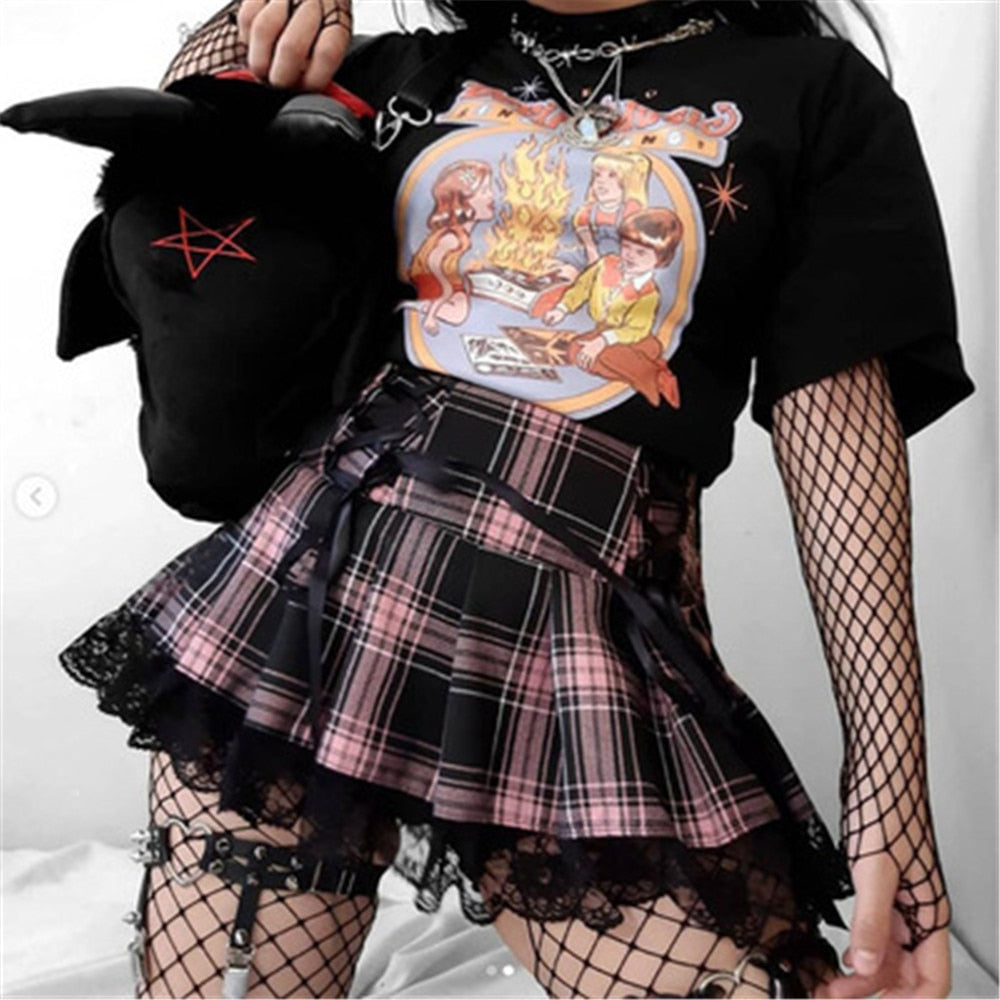 OOTDGIRL Mall Gothic Grunge Summer Mini Skirt Women Punk Y2K Vintage Lace Harajuku Streetwear High Waist Skirt Bandage Sexy Skirt