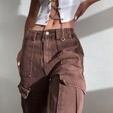 Ootdgirl  Brown Vintage Baggy Jeans Women High Waist Pocket Cargo Pants 90S Streetwear Straight Trousers Harajuku Summer 2022