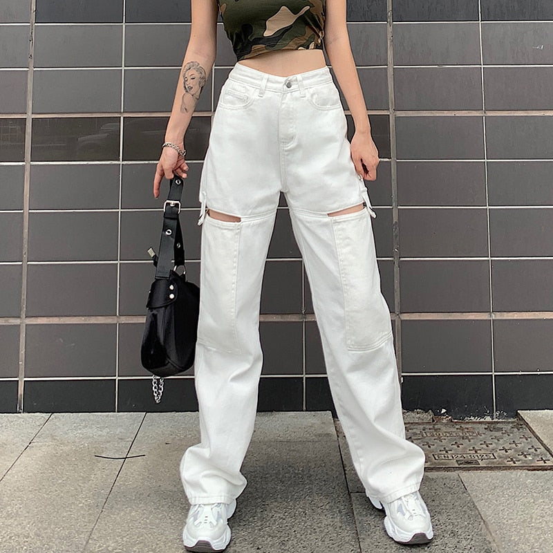 Ootdgirl  Vintage Hollow Out Women's Jeans Plus Size Pockets White Harajuku Korean Baggy Straight Pants Streetwear Wide Leg Jeans