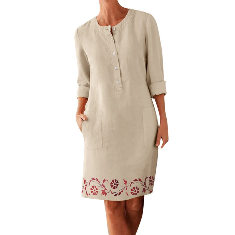 OOTDGIRL 2023 Winter Autumn Button Cotton Linen Dress Women Elegant O-Neck Knee Length Long Sleeve Pocket Solid Dress Plus Size