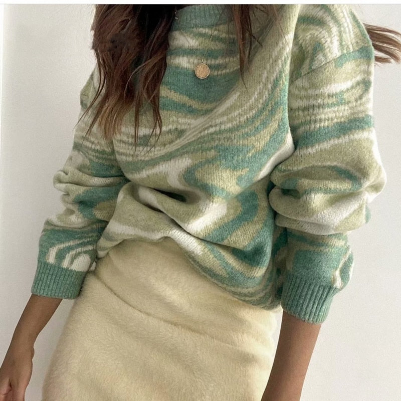 Ootdgirl  Paisley Pattern Sweater Green Printed Knitted Jumper Casual Winter Pullovers Autumn Women Streetwear 2022 Fashion