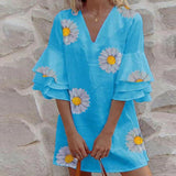 Ootdgirl  Elegant Lotus Sleeve Spring Party Dress Summer Print Dress Women V Neck Half Sleeve Ruffle Casual Beach Mini Dresses Vestido 3XL