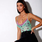 Y2K Crop Top Floral Print Lace Cami Sexy Mesh Sheer See Though Spaghetti Strap Top Sleeveless Streetwear Women Clothing 2022