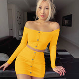 Ootdgirl   Off Shoulder 2 Piece Set For Women Solid Button Bodycon Long Sleeve Top And Skirt Summer Autumn Sets