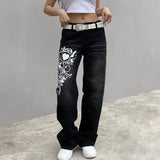 Ootdgirl  Print Patchwork Jeans Low Waist Women's Baggy Straight Jean Pants Y2k Streetwear Casual Cargo Denim Trousers Korean New