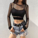 OOTDGIRL Sexy Black Hollow Out Mesh T-Shirt Female Skinny Crop Top 2022 New Fashion Summer Basic Tops For Women Fishnet Shirt