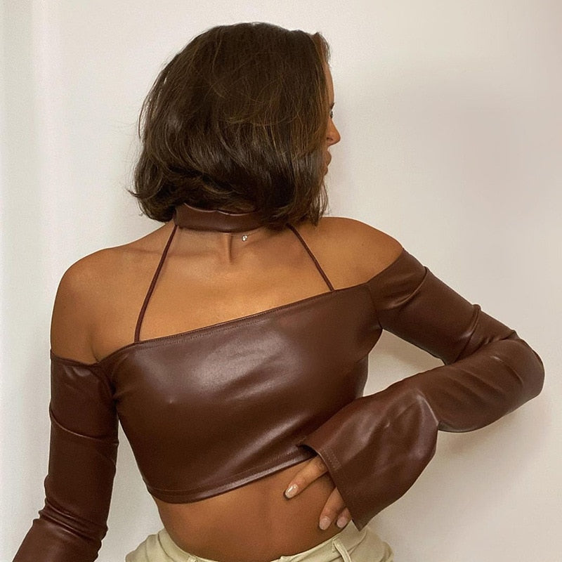Ootdgirl  Brown Faux Leather Crop Top Shirts for Women  Choker Split Long Sleeve Off Shoulder Tops Insta Baddie C85-BC16