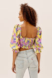OOTDGIRL Vintage Multicolor Print Pleated Crop Top Women Sexy V Neck Puff Sleeve Holiday Boho Summer Tops Fashion Blusas