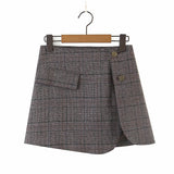 Vintage Buckle Check Plaid Short Women Blazer Cropped Irregular Cross Slit Mini Skirt Long Sleeve Suits 2 Pieces Set 0520