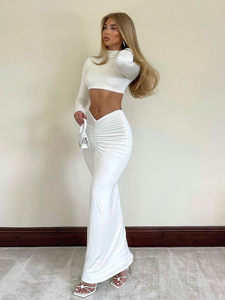 Ootdgirl  Elegant White Long Sleeve 2 Piece Set Outfits for Women Club Party Top and Dress Sets Long Ruched Matching Sets