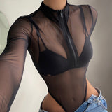 Ootdgirl   Mesh Transparent Bodysuit Y2K Stretch Fitness Rompers Women Zip Up Black Solid Top Fashion Harajuku Streetwear