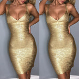 OOTDGIRL Sexy Women Clubwear Gold Dress V Neck Slim Fit Sleeveless Tank Dresses Club Bandage Mini Dress Party Summer Sundress Femmel