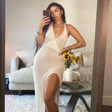 OOTDGIRL Crochet Beach Maxi Dress For Women See Through Sexy Plunge Backless Bandage Sleeveless Lacing Split Long Dresses