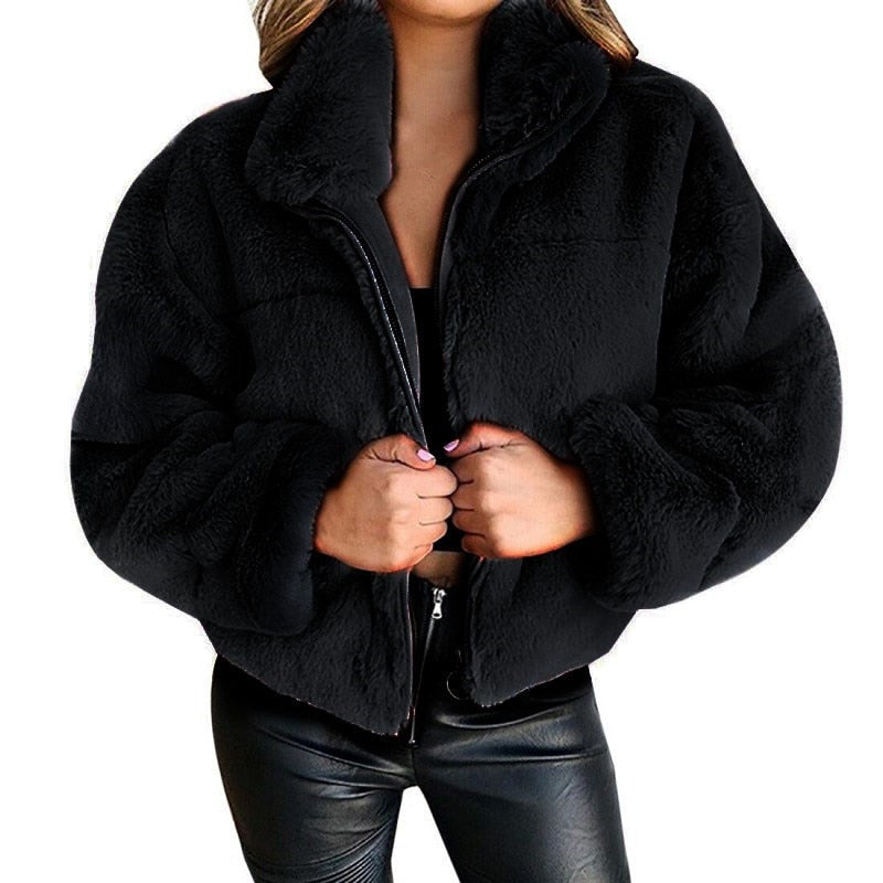 OOTDGIRL Women Autumn Winter Fluffy Warm Soft Jackets Casual Long Sleeve Ladies Fashion Outerwear Faux Fur Zipper Plush Warm Coat