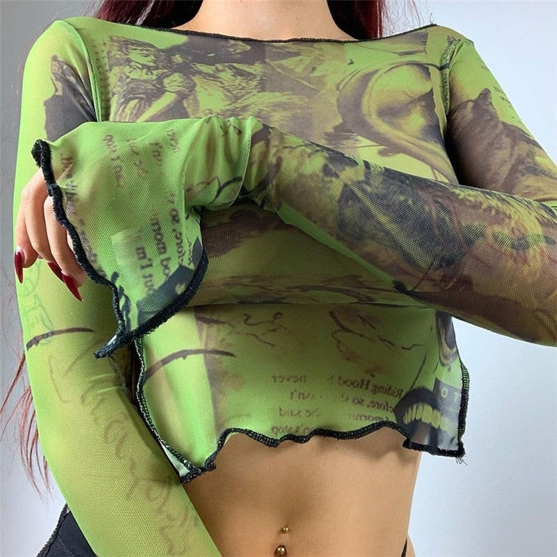 OOTDGIRL Harajuku Print Mesh Sheer T-Shirt Fairycore Grunge See Through Full Sleeve Crop Top Y2k Retro Transparent Pullovers Tees Women