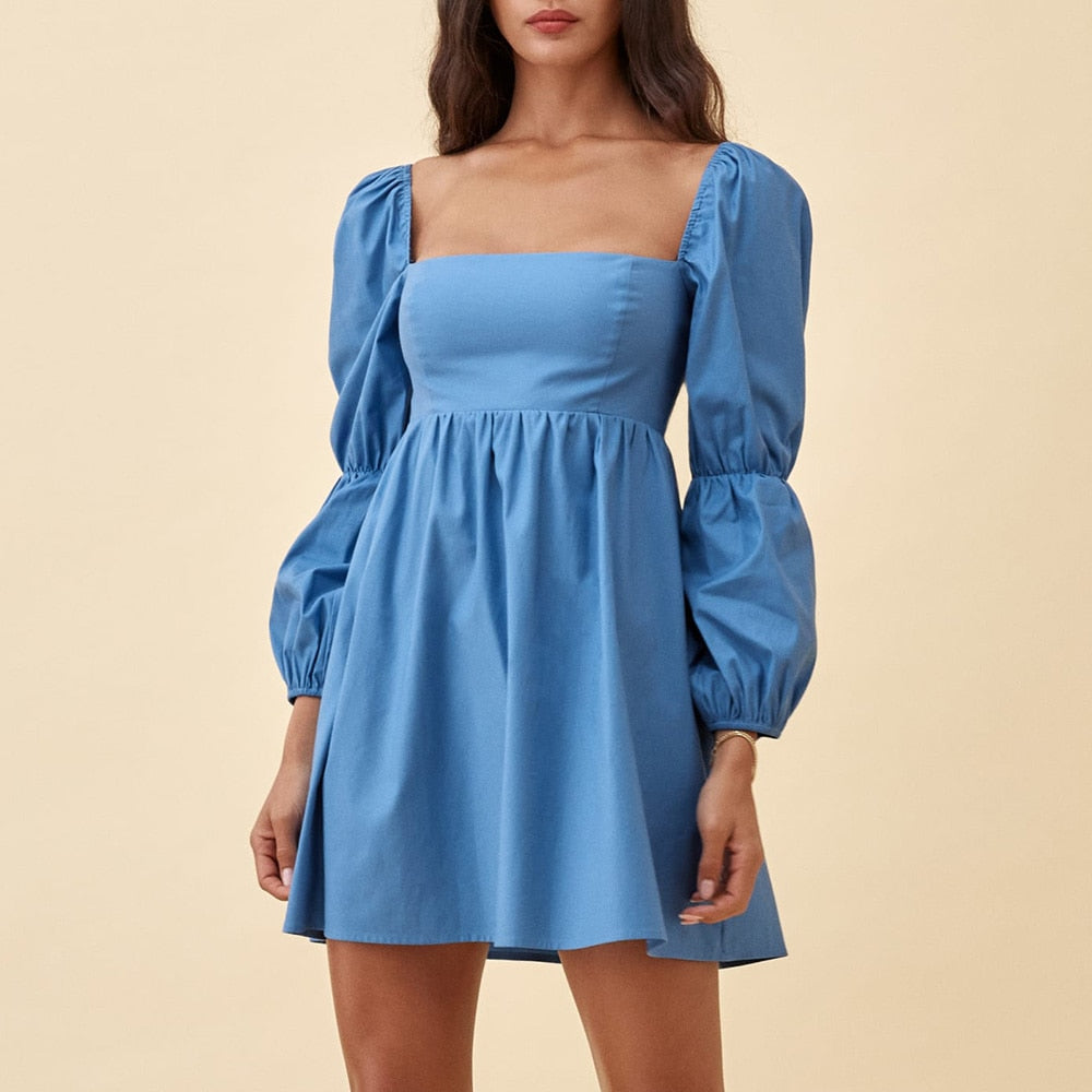 OOTDGIRL Spring Autumn Clothes Casual Dresses For Women 2022 Square Neck Long Puff Sleeve Back Smocked Empire Waist Babydoll Mini Dress