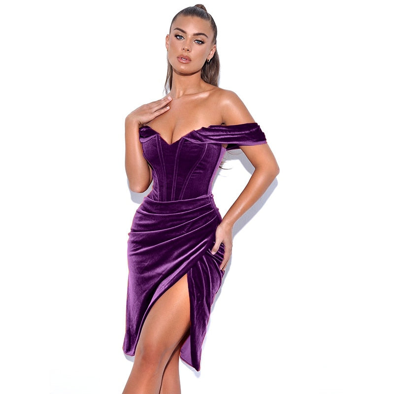 Ootdgirl  Velvet Knee-Length Corset Dresses For Women's  Elegant Off Shoulder Bodycon Split Evening Autumn Fashion Vestidos