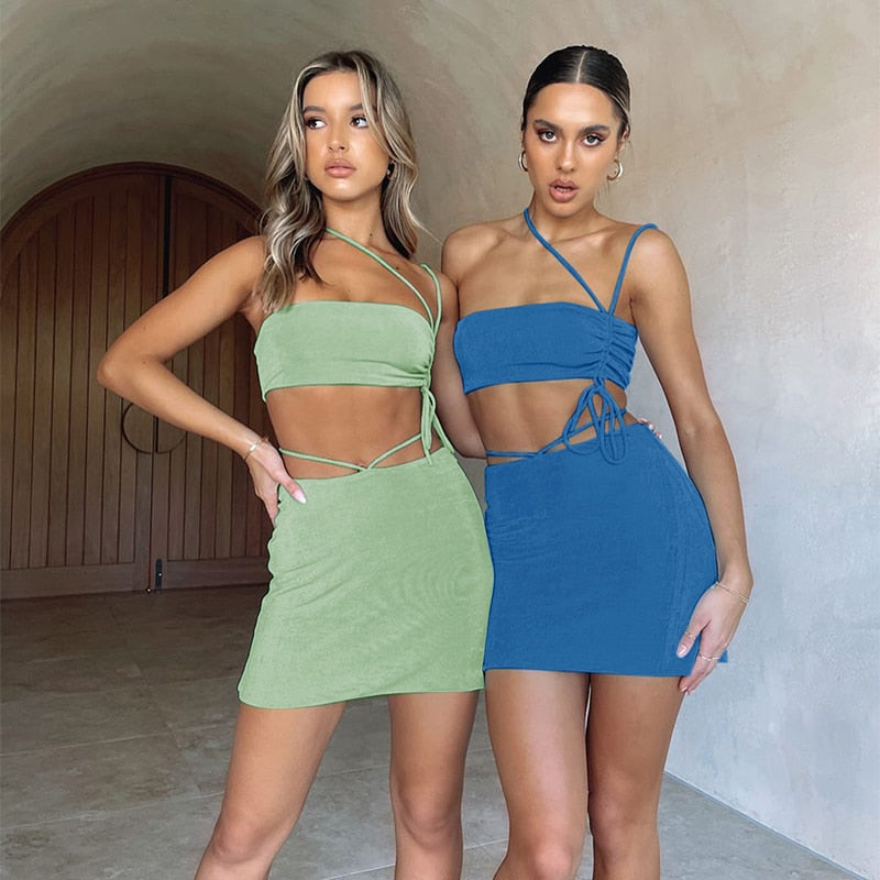 Ootdgirl  Lace Up Cropped Top Skirt Two Pieces Sets Sleeveless Halter One Shoulder Asymmetric And Mini Skirts Summer  Sets