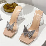 OOTDGIRL 2022 Women Luxury Design 10Cm High Heels Slides Mules Summer Transparent Pink Crystal Block Heels Slippers Party Chunky Shoes