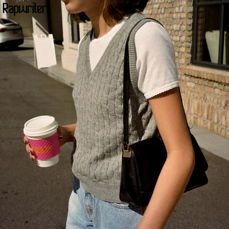 Ootdgirl  Casual Solid New Geometric Pattern Knitted Sweater Vest Preppy Style V Neck Cropped Tank Top Female 90S Knitwear Autumn Winter