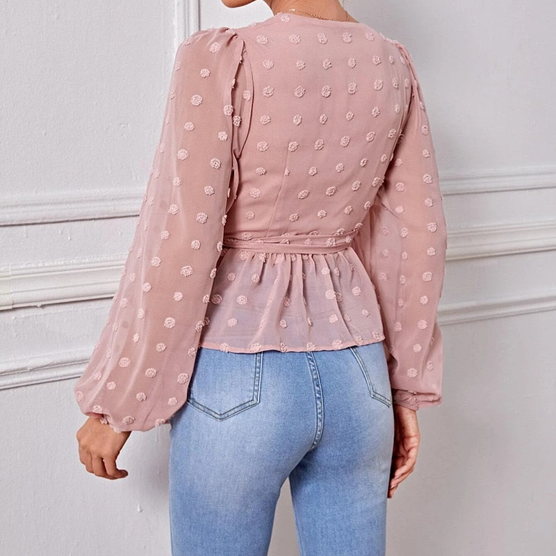 Ootdgirl  Spring Autumn V Neck Wrap Blouses Women Long Sleeve Casual Office Tops Female Solid Ruffles Pink Blouses Elegant Lace Up Work Tops