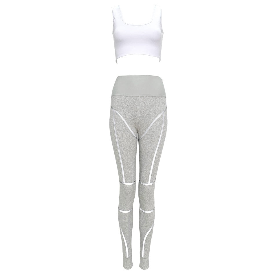 Ootdgirl  Reflective Pants Set White Crop Top And Grey High Waisted Stripes Embroidered Leggings Gym Outfit 2 Piece Set