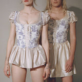 Ootdgirl  2022 Women Elegant Designer French Vintage Print Halter Tops Chic Bandage Floral Corset Shirts  Style Party Club Ladies Top