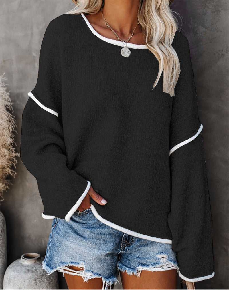 Ootdgirl  Vintage Oversized Sweater Women Patchwork Loose One Shoulder Jumper Knitwear Fashion Casual Pullover Winter Tops New