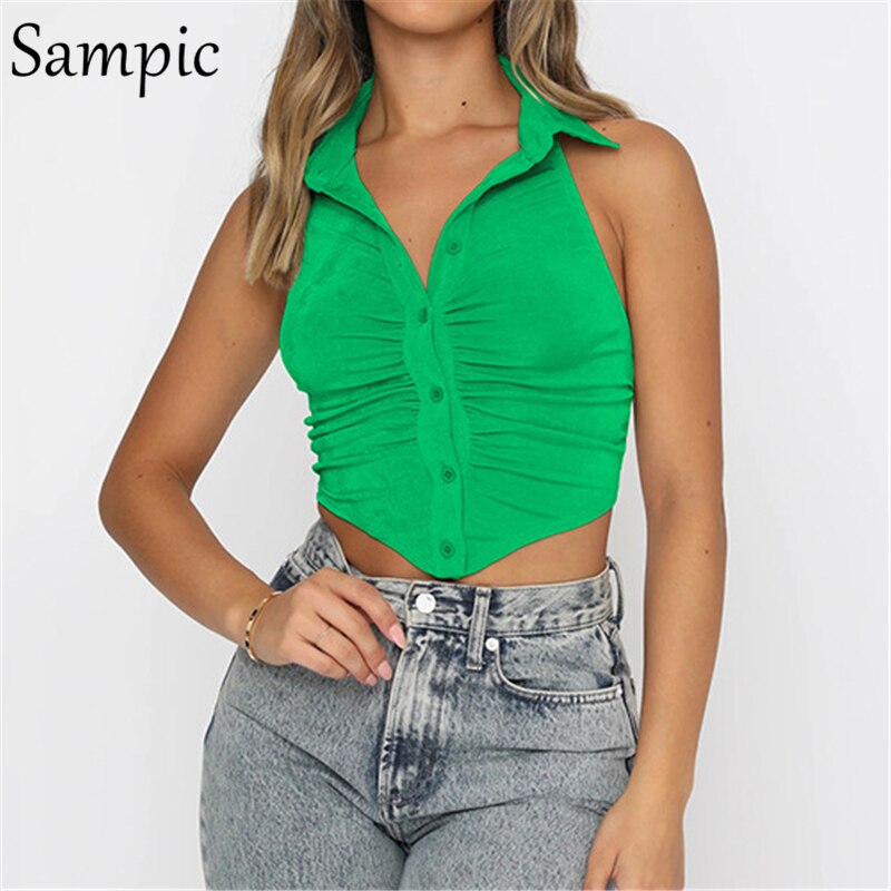 Y2K Party Backless Green 2021 Summer Crop Tops Women Halter Sleeveless Casual Chic Skinny Mini Ruched V Neck Tank Tops