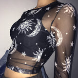 Ootdgirl 2022 Women  Harajuku Mesh Tops Long Sleeve See Through T Shirt Transparent Sun Moon Star Print T-Shirt Femininas Clubwear