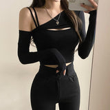 Ootdgirl  2 Piece T-Shirt And Cami Crop Top Women Y2K Harajuku Long Sleeve Skew Collar Casual Basic Tight  Tees Female Korean