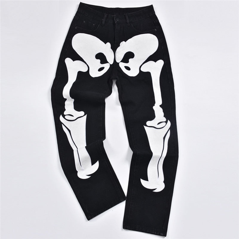 Ootdgirl  Skeleton Patterned Low Rise Jeans Streetwear Women Black Denim Trousers Cyber Y2k Goth Pants Fall 2022 C82-EF60