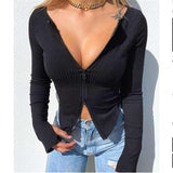 OOTDGIRL Women T-Shirt Spring Autumn Clothes Ribbed Knitted Long Sleeve Crop Tops Zipper Design Tee Sexy Female Slim Black White Tops
