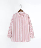 OOTDGIRL Stylish Women's Classic-Fit Long Sleeve Lightweight Button Down Shirt  Vertical Stripes Oversize BF Style Top Blouses