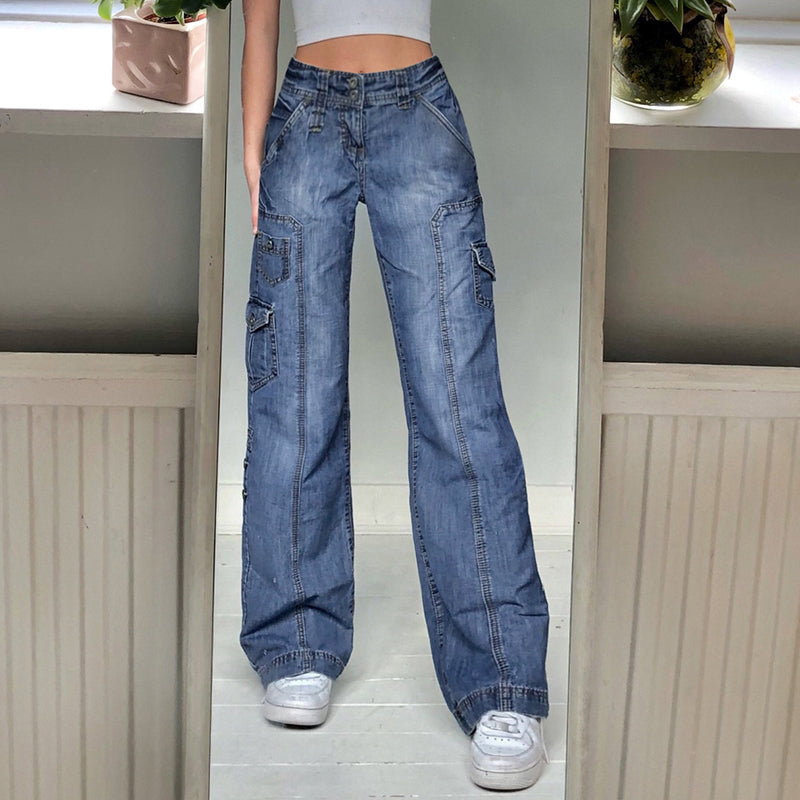 Ootdgirl  Low Waist Wide Leg Jeans Pockets Cargo Pants Women Aesthetic Denim Trousers Streetwear Mom Boyfriend Straight Jean