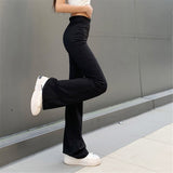 OOTDGIRL All-Match Women Fashion Elastic Waist Black Flared Pants Solid Color High Waist Wide Leg Trousers Casual Hipster Streetwear