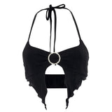 Ootdgirl   Black Crop Top Summer Clothes for Women Irregular Rhinestone O Ring Bralette Halter Top Camisole C85-AH10