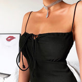 Ootdgirl  Black Cotton Front Bandage Sleeveless Spaghetti Strap Mini Dresses Skinny Elastic  Ruffles Hem Basic Summer Dress