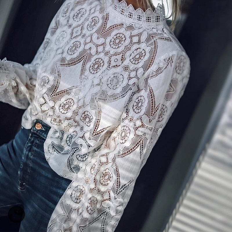 Ootdgirl  Women White Lace  Shirts Ladies Hollow Out Long Sleeve Stand Collar Mesh Short Tops Fashion For Club Party Summer
