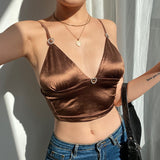 Ootdgirl  Brown Satin 90S Summer  Top With Thin Strap Backless Fashion 2022New Trend Blue V Neck Sleeveless Pink Crop Cami Party Club