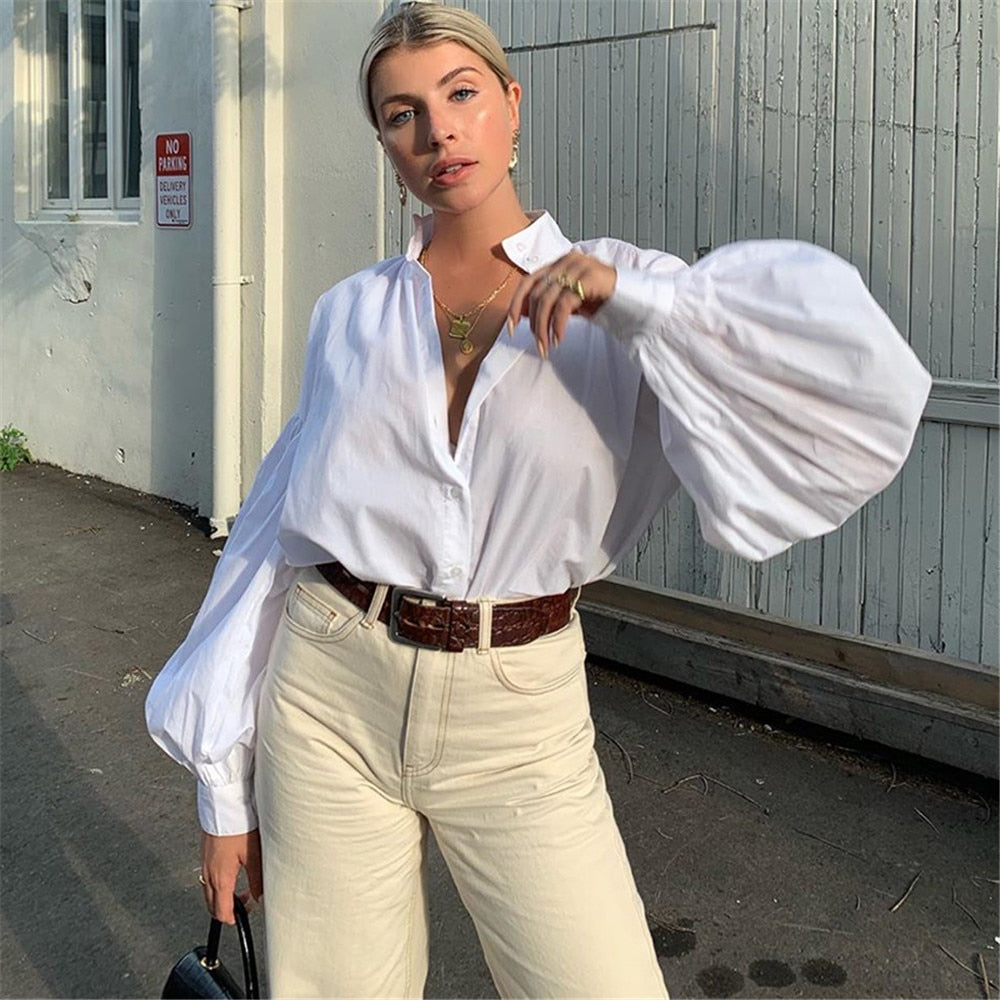 OOTDGIRL Spring Women Fashion Loose Blouses Lapel Neck Lantern Long Sleeve Single-Breasted Shirts White Tops 2022 Female Clothing