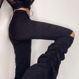Ootdgirl  Ripped Drawstring Runched Stacked High Waisted Pants Women Fashion 2022 Chic Black Flare Trousers For Female Sweatpants Capri