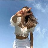 OOTDGIRL Sweet Girl Slim Crop Top Female Mesh Fabric Elegant Preppy Style Tshirt Casual Vacation Lace Top