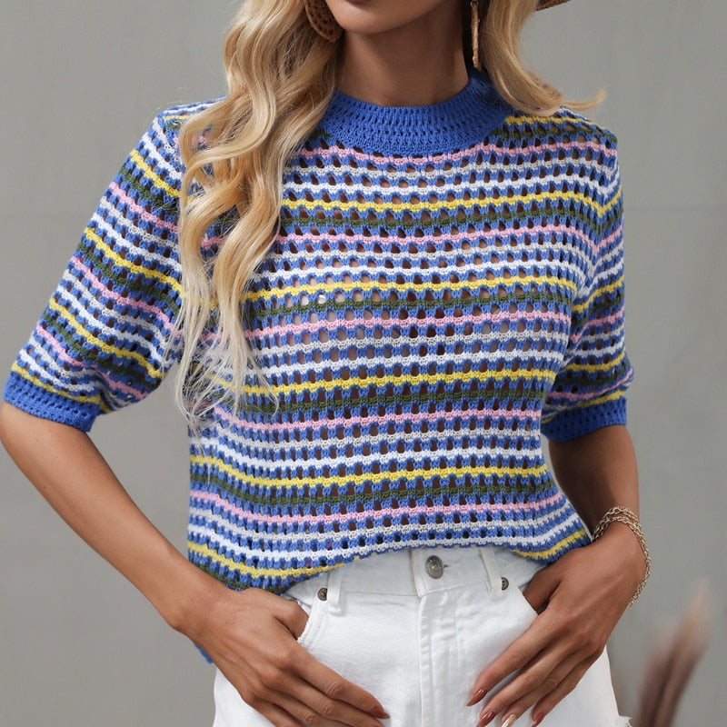 OOTDGIRL 90S Rainbow Hollow Out Knitwear Women See-Through Striped T-Shirts Summer Boho Beach Style Cover-Ups Crop Tops Y2k