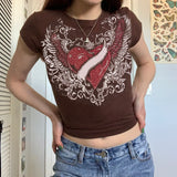 OOTDGIRL Back to School Vintage 2000S Tees Heart Rhinestone Print Crop Top Summer Retro Casual Women Crewneck Short Sleeves T Shirt Alt Emo