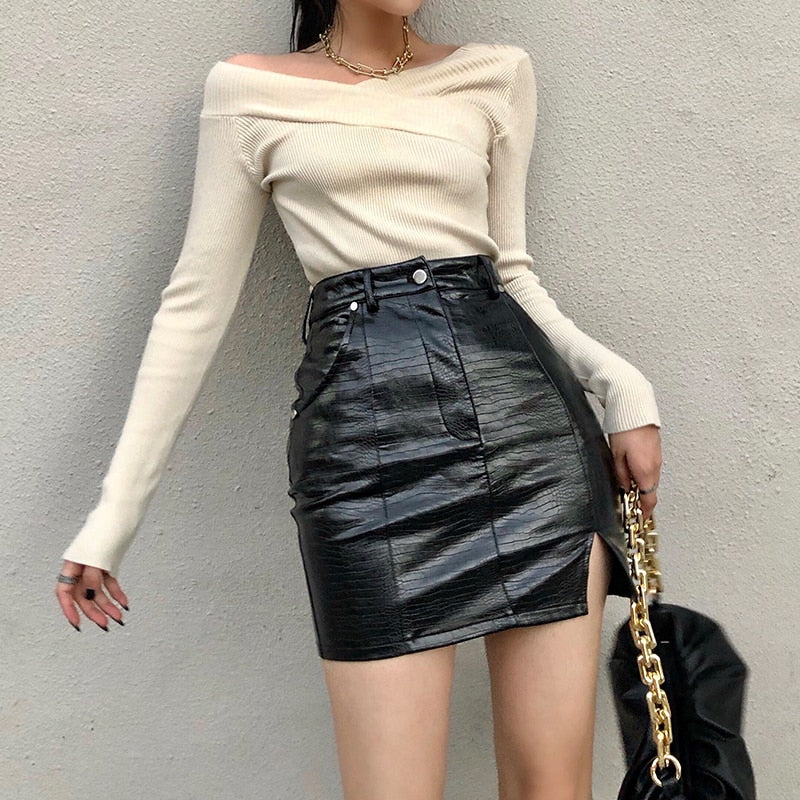 Ootdgirl  Faux Pu Leather Black  Split Mini Skirts Women High Waist Skirt Night Out Ladies Casual Party 2022 Summer Fashion