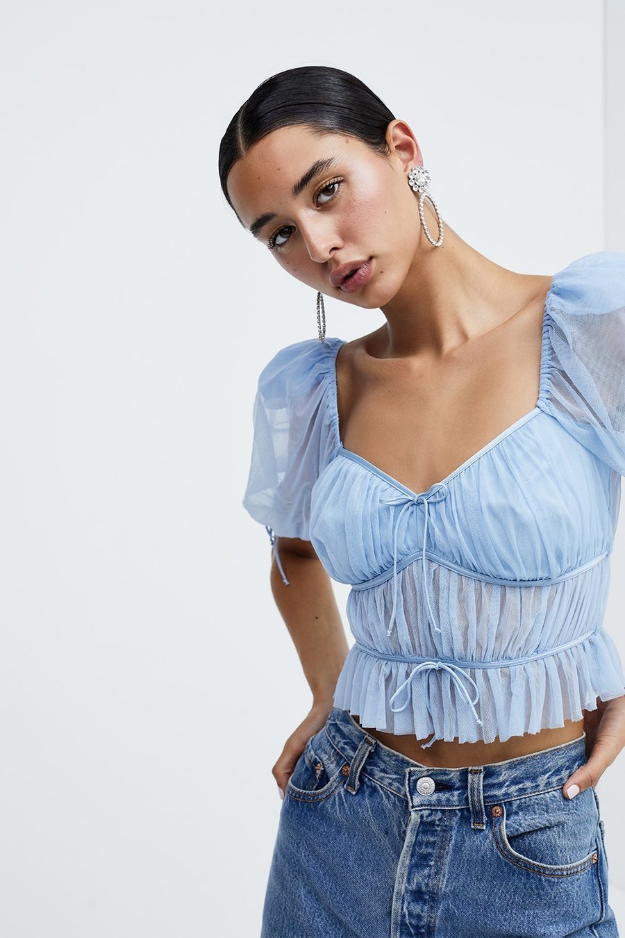 OOTDGIRL New Summer Temperament All-Match Square Collar Puff Sleeve Shirt Ruched Slim Lace Up Bow Ruffles Shirt Top