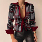 Ootdgirl Fashion Black Plaid Print Autumn Winter Women Blouses Casual Cardigan Ruffled Collar PU Leather Shirt Elegant Slim Office Blouse