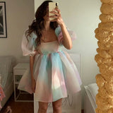 OOTDGIRL Kawaii Princess Gauze Mini Dress Elegant Lady Puff Sleeves Tulle Dress Chic Women Pretty Charming Prom Gowns Party Night Outfits